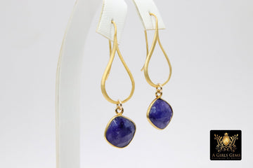 Blue Sapphire Earrings, Long Gemstone Earrings, Gold Dangle Ear Wire Hooks
